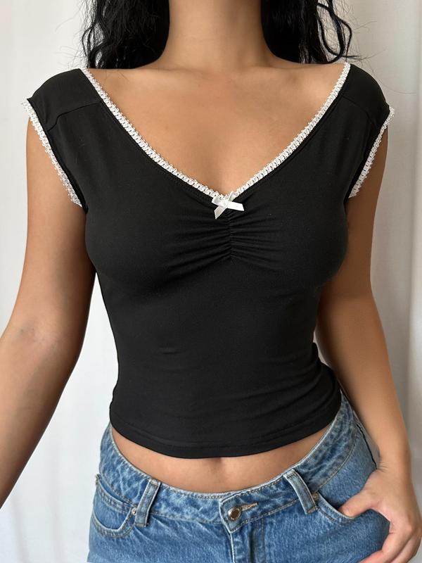 Women's Plain Bow Decor Contrast Lace Ruched V Neck Crop Tank Top, Casual Sleeveless Cropped Top for Summer, Tank Tops for Women, Fashion Women's Top for Daily Wear