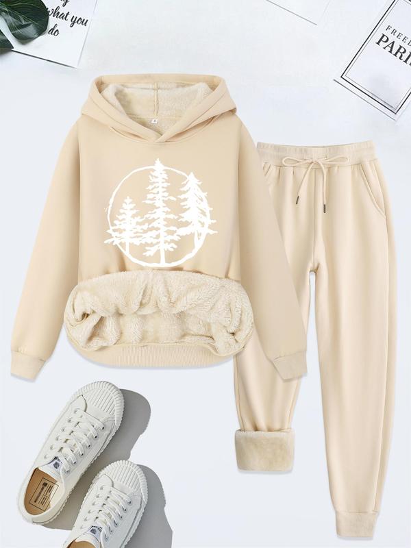 Women's Tree Print Hoodie & Drawstring Waist Pocket Sweatpants Two-piece Set, Casual Plush Lined Long Sleeve Hooded Sweatshirt & Jogger Pants for Fall & Winter, Women's Clothes for Daily Wear, Sweatshirts