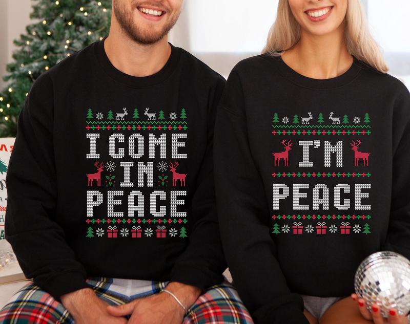 Funny Couple Ugly Christmas Sweater, I Come in Peace I'm Peace Sweater, Humorous Couples Matching Holiday Apparel Holiday Party Adult Humor