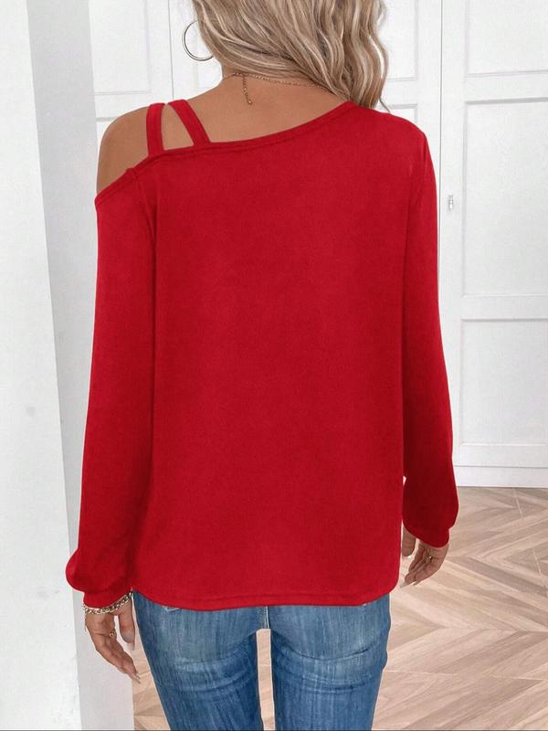 Women's Plain Criss Cross Asymmetrical Neck Tee, Elegant Casual Long Sleeve T-shirt for Spring & Fall, Women's Top for Daily Wear