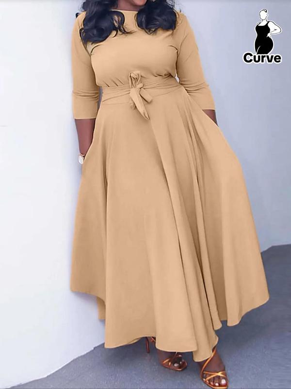  Solid Color Tie Front Boat Neck A Line Dress, Elegant 3 4 Sleeve High Waist Dress for Party Holiday Wedding Guest, Women's Clothes for Fall & Winter