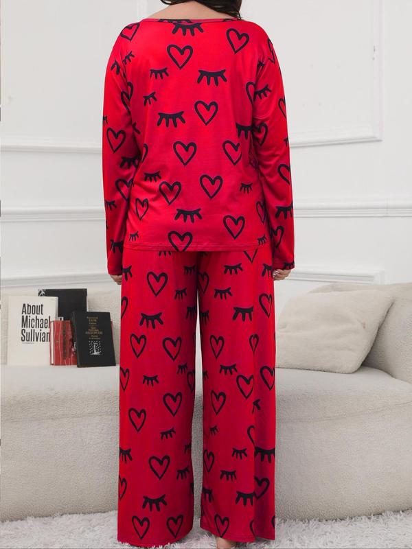 Two-piece Set Plus Size Heart Print Pajama Set Women, Round Neck Long Sleeve Tee & Elastic Waist Pants Lounge Set, Comfortable Loungewear, Pj Sets for Women, Soft Homewear for Spring & Fall