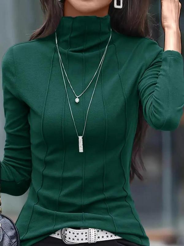 Women's Solid Turtle Neck Ribbed Tee, Casual Long Sleeve T-shirt for Daily Wear, Ladies Clothes for All Seasons