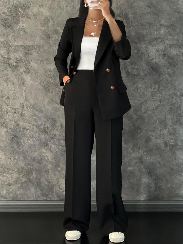 Women's Solid Double Button Lapel Neck Blazer & Pocket Wide Leg Pants Two-piece Set, Elegant Fashion Casual Two Piece Outfits for Work Office Business, Ladies Fall & Winter Clothes