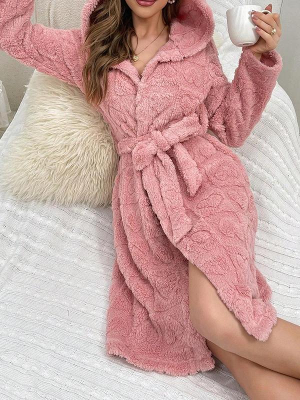 Women's Heart Pattern Belted Coral Fleece Bathrobe, Casual Long Sleeve 3D Ear Design Hooded Robe, Ladies Sleepwear for Fall & Winter