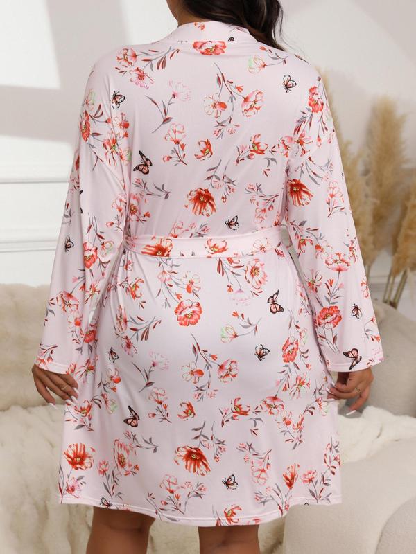 Plus Size Butterfly & Floral Print Belted Wrap Lounge Robe, Casual Long Sleeve V Neck Tie Front Pajama Robe,  Pajama Sets Women, Women's Sleepwear for All Seasons