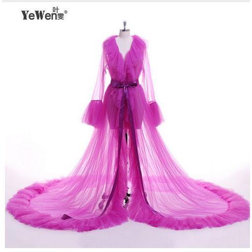 Women Summer Kimono Dress, Sheer Tulle V-Neck Long Flare Sleeves Floor-Length Night-Robe Lingerie, 4 Colors Womenswear  Nightwear