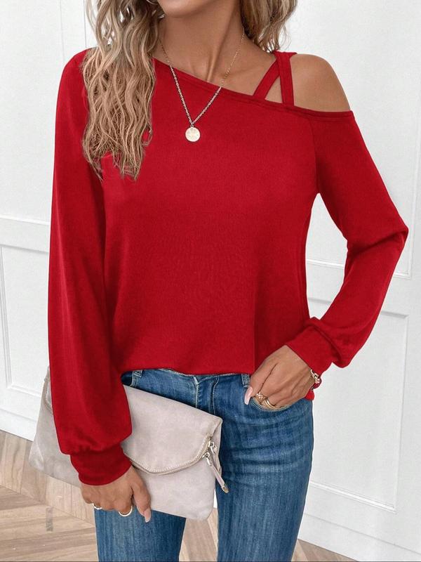 Women's Plain Criss Cross Asymmetrical Neck Tee, Elegant Casual Long Sleeve T-shirt for Spring & Fall, Women's Top for Daily Wear