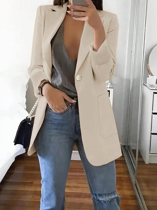 Women's Solid Button Front Lapel Neck Blazer, Elegant Long Sleeve Pocket Outerwear for Work Office Business, Ladies Fall & Winter Clothes