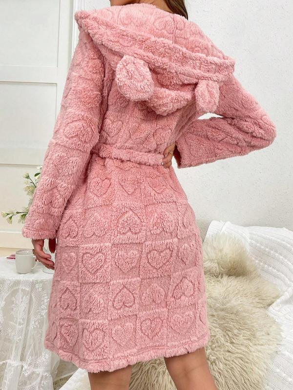 Women's Heart Pattern Belted Coral Fleece Bathrobe, Casual Long Sleeve 3D Ear Design Hooded Robe, Ladies Sleepwear for Fall & Winter