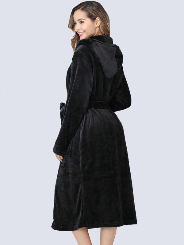 Women's Solid Drop Shoulder Belted Thermal Lined Hooded Lounge Robe, Casual Long Sleeve Pocket Design Bathrobe, Ladies Sleepwear for Fall & Winter