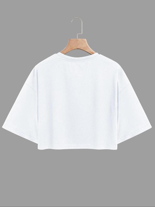 Women's Letter Print Drop Shoulder Crop Tee, Casual Short Sleeve Round Neck T-shirt for Summer, Ladies Clothes for Daily Wear