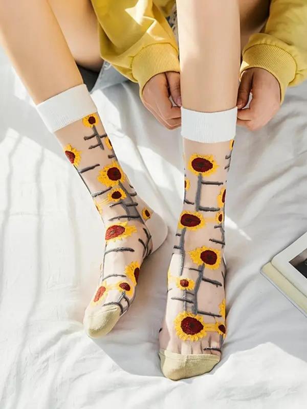 Women's 4 Pairs Floral Print Sheer Crew Socks, Fashion Casual Comfy Breathable Socks for Daily Outdoor Wear, Socks for All Seasons