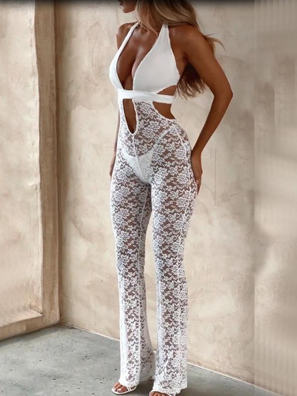 Women's Cut Out Backless Floral Lace Halter Jumpsuit, Sexy Fashion Tie Back Sleeveless Jumpsuit for Daily Wear, Ladies Clothes for All Seasons