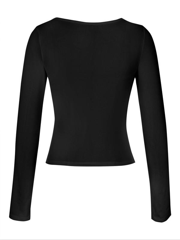 Women's Plain Ruched Split Hem Crop Sleep Tee, Fall Wear, Fallfreshness Casual Sweetheart Neck Long Sleeve Sleep T-shirt for All Seasons, Women Sleep Tops, Ladies Sleepwear Loungewear for Daily Wear