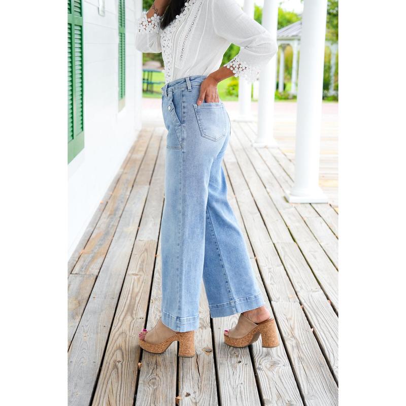 Risen High Rise Light Wash Ankle Wide Leg Patch Front Pocket Jeans