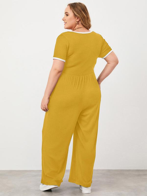 CURVZY Plus Size Contrast Binding Pocket Notched Neck Jumpsuit, Casual Comfort Breathable Short Sleeve Ribbed Jumpsuit for Summer & Fall, Women's Clothing for Daily Wear