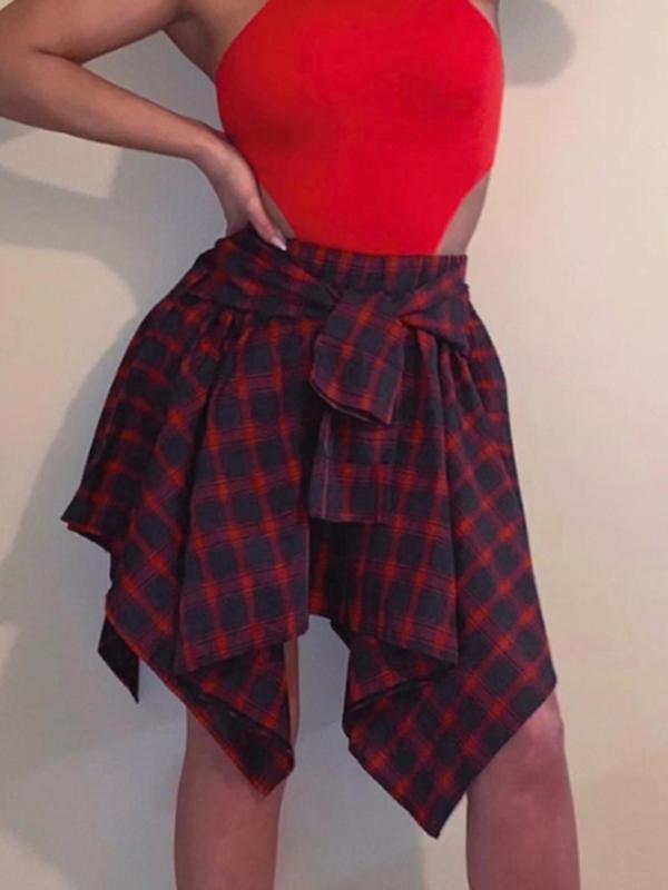 Women's Plaid Print Knot Front Skirt, Fashion Casual Asymmetrical Hem Knee Length Skirt for Daily Outdoor Wear, Women's Bottoms for Fall, Skirts for Women Womenswear