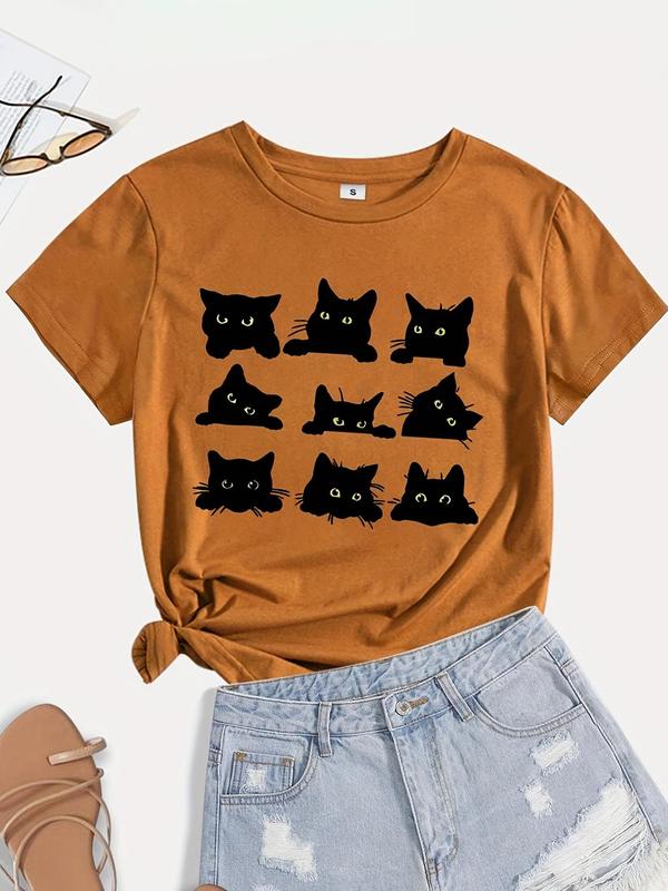 Women's Cartoon Cat Print Short Sleeve Tee, Casual Fashion Round Neck T-shirt, Summer Clothes Women, Women's Top for Daily Wear