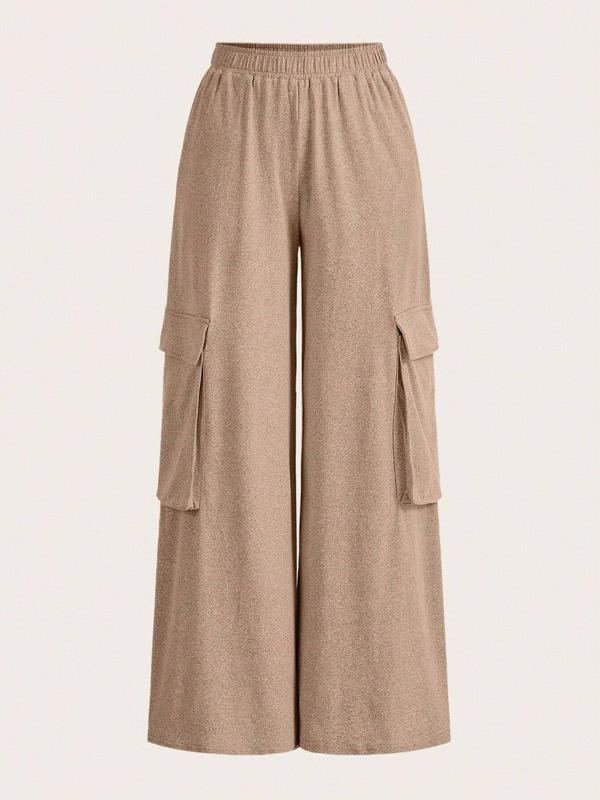 Women's Plain Pocket Elastic Waist Wide Leg Pants, Casual Comfy Trousers for Spring & Fall, Women's Bottoms for Daily Wear