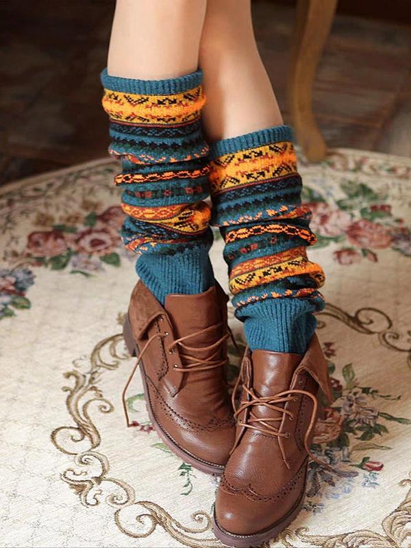 Women's Ethnic Pattern Over The Calf Socks, Casual Cozy Warm Leg Warmers for Fall & Winter, Women's Socks for Daily Wear