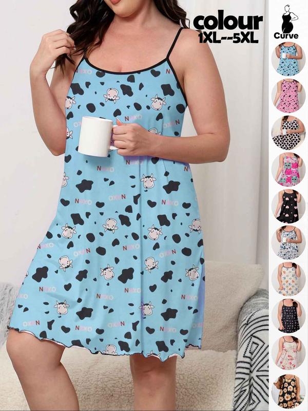 Plus Size Cow Print Contrast Binding Lettuce Trim Cami Nightdress, Casual Soft Comfortable Spaghetti Strap Nightgown for Women, Women's Sleepwear for All Seasons