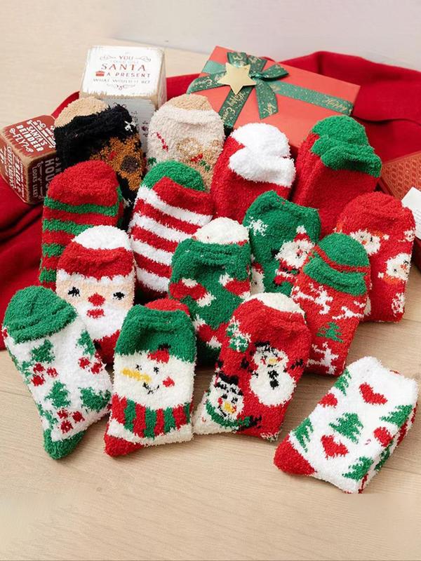 Random Women's Christmas Themed Print Crew Socks, 6 Pairs Casual Soft Comfortable Warm Fuzzy Socks for Fall & Winter, Women's Floor Socks for Daily Wear