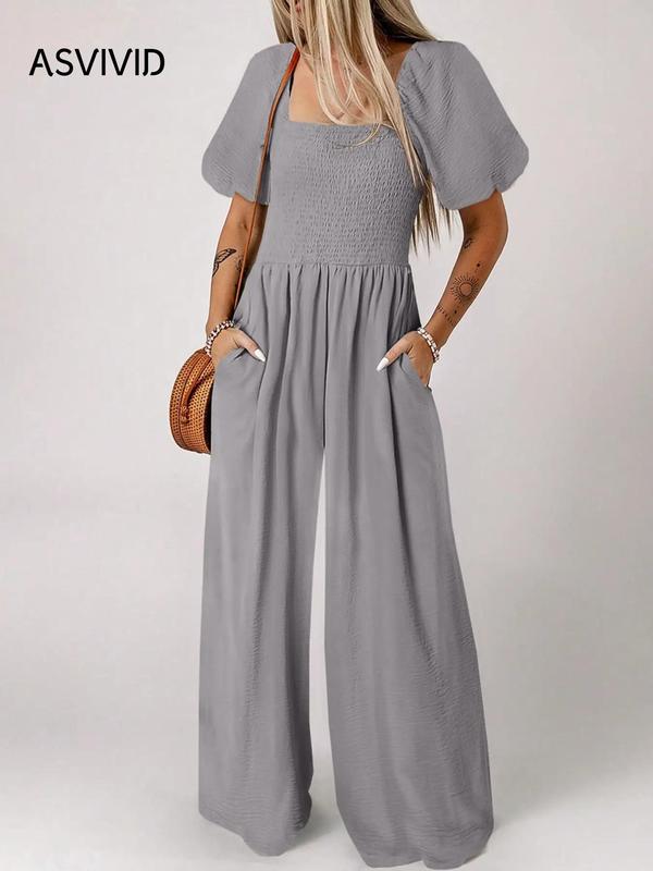 Women's Plain Puff Sleeve Square Neck Wide Leg Backless Jumpsuit, Casual Shirred Ruched Pocket Jumpsuit for Summer, Ladies Clothes for Daily Wear