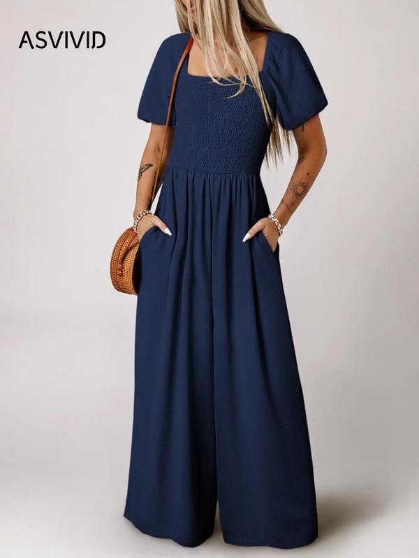 Women's Plain Puff Sleeve Square Neck Wide Leg Backless Jumpsuit, Casual Shirred Ruched Pocket Jumpsuit for Summer, Ladies Clothes for Daily Wear