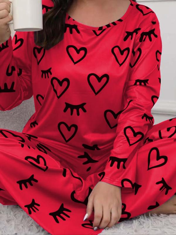 Two-piece Set Plus Size Heart Print Pajama Set Women, Round Neck Long Sleeve Tee & Elastic Waist Pants Lounge Set, Comfortable Loungewear, Pj Sets for Women, Soft Homewear for Spring & Fall