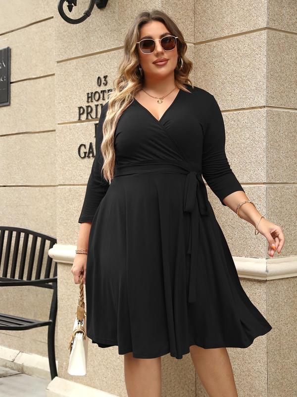  Summer 2024 Trendy Plain Wrap V Neck Belted A Line Dress, Comfort 3 4 Length Sleeve Solid Dress, Women's Clothing, Lady Summer Clothes  for Christmas