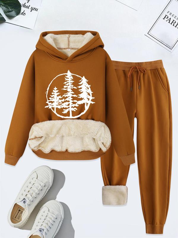 Women's Tree Print Hoodie & Drawstring Waist Pocket Sweatpants Two-piece Set, Casual Plush Lined Long Sleeve Hooded Sweatshirt & Jogger Pants for Fall & Winter, Women's Clothes for Daily Wear, Sweatshirts