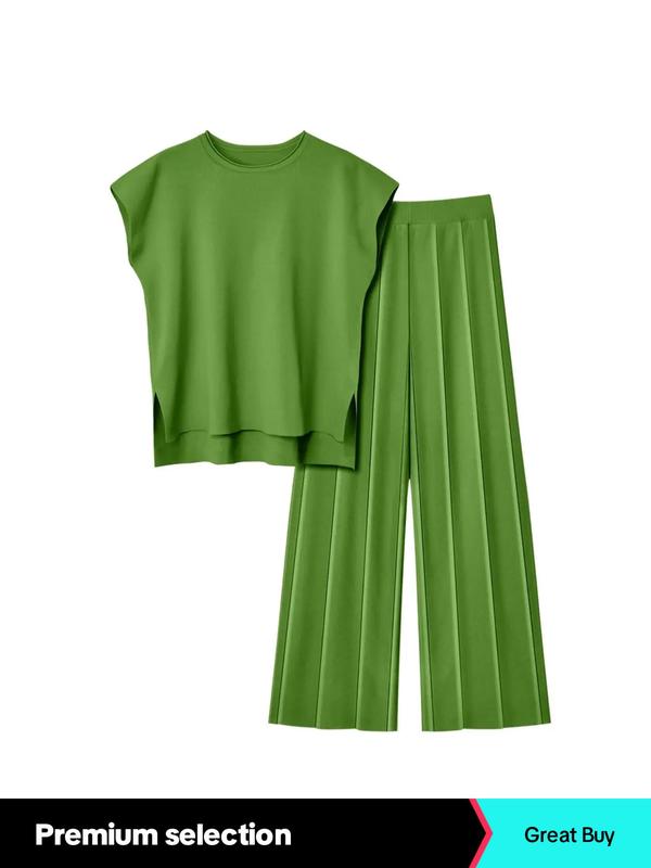 Two-piece Set Women's Solid Color High Low Hem Top & Pleated Straight  Leg Pants Loungewear, Casual Comfy Split Hem Top & Trousers Pj Set, Ladies Sleepwear for All Seasons