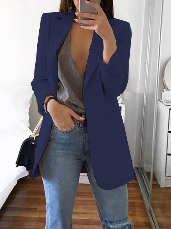 Women's Solid Lapel Neck Blazer, Elegant Fashion Long Sleeve Pocket Suit Outwear for Work Office Business, Ladies Fall & Winter Clothes, Fall Outfit