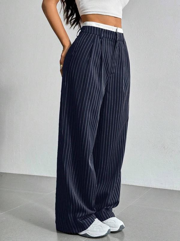 Women's Striped Print Plicated Straight Leg Pants, Casual Comfy Pocket Trousers for Daily Wear, Ladies Bottoms for Fall & Winter, Preppy 80s Clothes