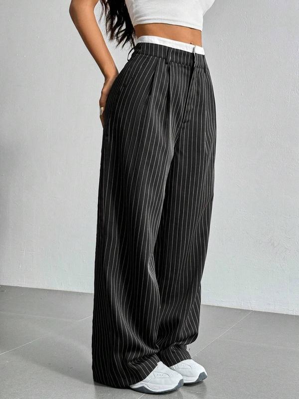 Women's Striped Print Plicated Straight Leg Pants, Casual Comfy Pocket Trousers for Daily Wear, Ladies Bottoms for Fall & Winter, Preppy 80s Clothes