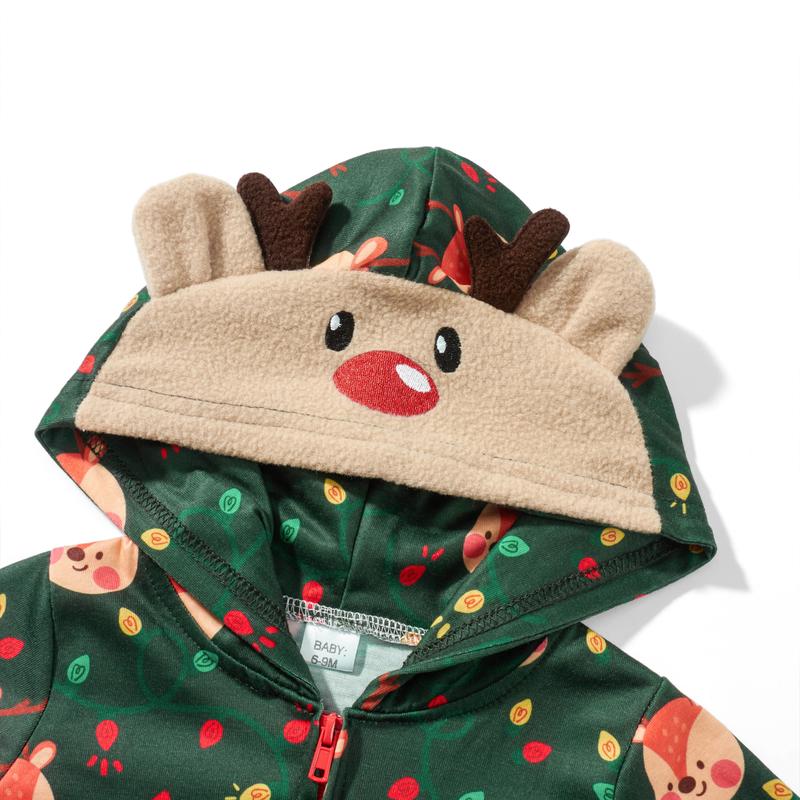 Family Christmas Pajamas Couples Kids Matching Lounge Sets Long Sleeve Hooded Deer Print Zipper Jumpsuit Sleepwear