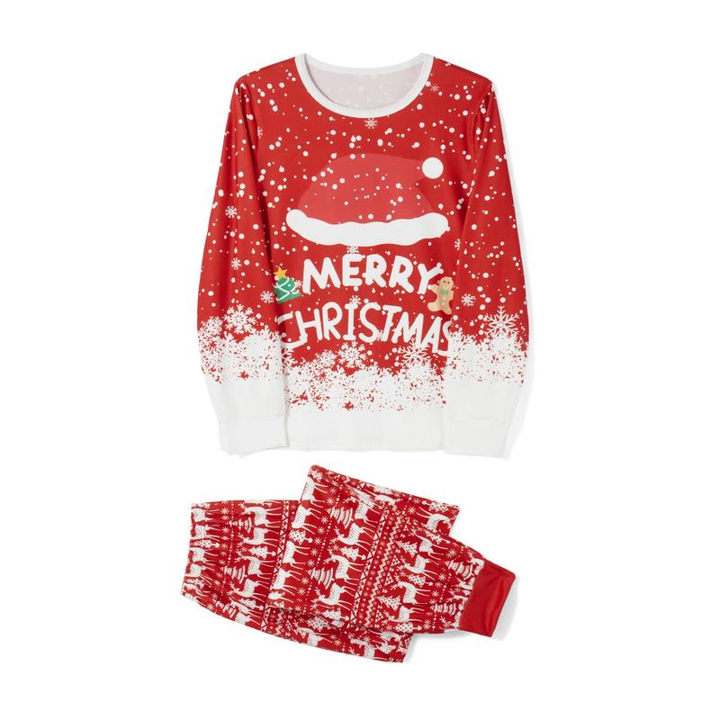 Red Christmas Family Pajamas Matching Set Letter Santa Hat Print Long Sleeve Tops and Elk Print Pants Sleepwear