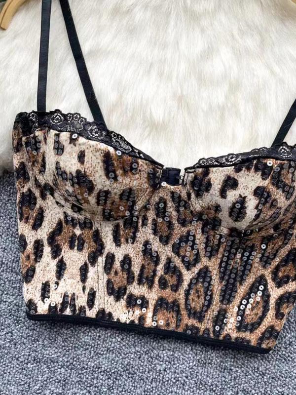 Women's Leopard Print Glitter Sequin Crop Cami Top, Sexy Fashion Adjustable Strap Contrast Lace Camisole for Party Club, Ladies Clothes for All Seasons