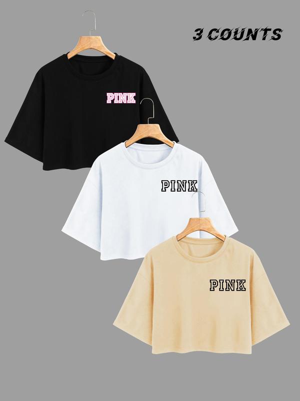 Women's Letter Print Drop Shoulder Crop Tee, Casual Short Sleeve Round Neck T-shirt for Summer, Ladies Clothes for Daily Wear