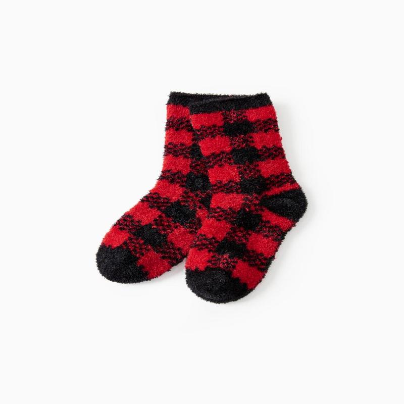 PatPat Christmas Socks Furry Red&Black Plaid Matching for the Whole Family