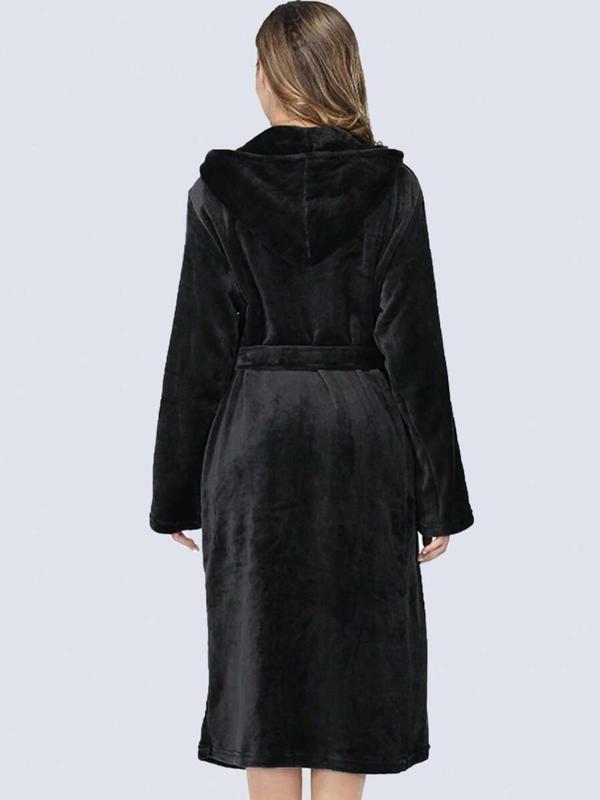 Women's Solid Drop Shoulder Belted Thermal Lined Hooded Lounge Robe, Casual Long Sleeve Pocket Design Bathrobe, Ladies Sleepwear for Fall & Winter