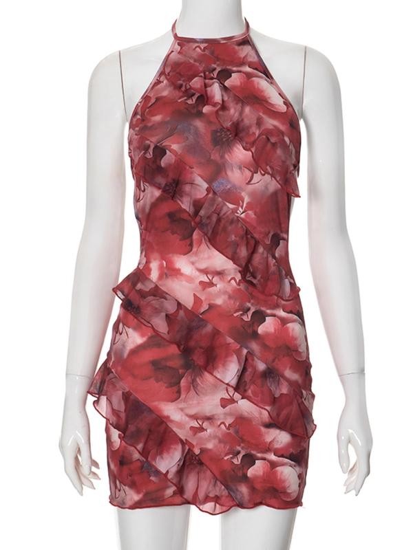 Women's Floral Print Ruffle Trim Tie Back Halter Bodycon Dress, Dresses for Women, Summer Dresses 2024, Elegant Fashion Backless Short Dress for Party Club Dating Wear, Ladies Dress for Summer