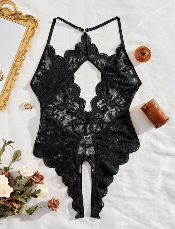 Women's Sexy Lingerie one piece women's heart ring backless deep V neck bodysuit summer lingeries S to XXL curvy nightwear Sleepwear Underwear Scallop Lace Dress sexy bodysuit Nightwear one piece Womenswear Lady