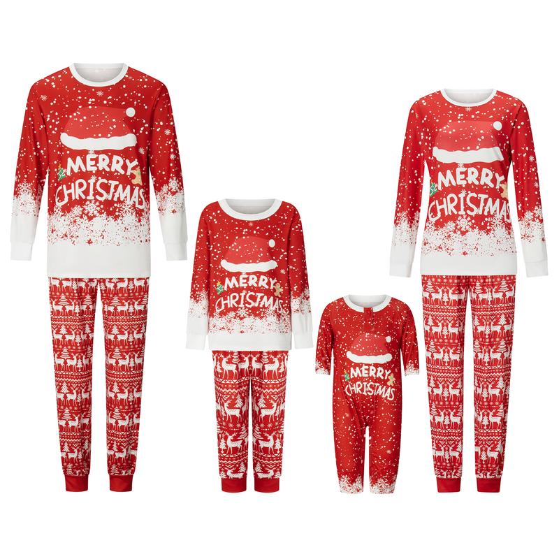 Red Christmas Family Pajamas Matching Set Letter Santa Hat Print Long Sleeve Tops and Elk Print Pants Sleepwear