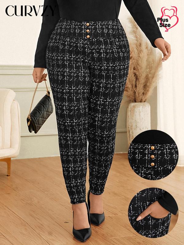 CURVZY Plus Size Plaid Print High Waist Skinny Pants, Casual Comfy Button Pocket Trousers for Daily Wear, Women's Bottoms for All Seasons