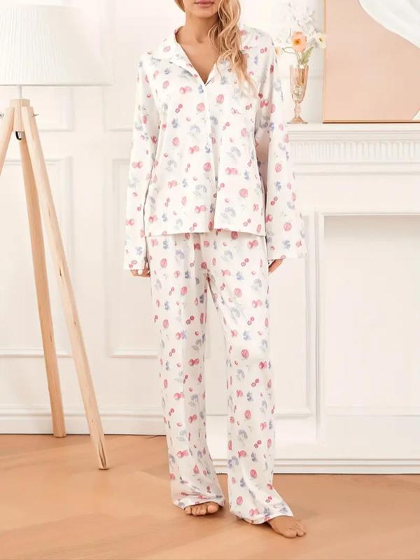 Two-Piece Set Women's Cherry Print Button Front Shirt & Pants Pyjama, Casual Comfy Drop Shoulder Long Sleeve Top & Trousers PJ Set, Ladies Sleepwear for All Seasons