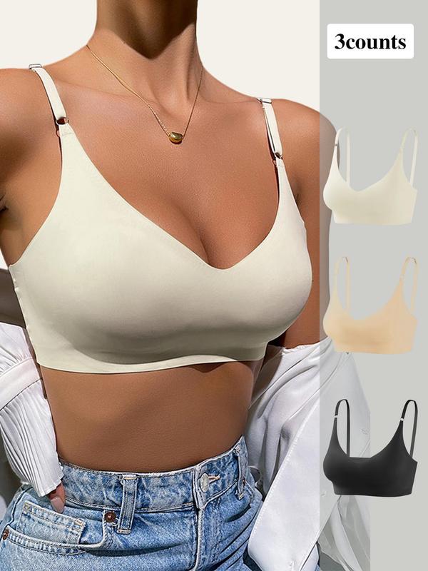 Women's Solid Wireless Adjustable Strap Seamless Bra, Soft Comfortable Breathable Backless Removable Bra Pad Lingerie Bra, Ladies Lingeries for All Seasons