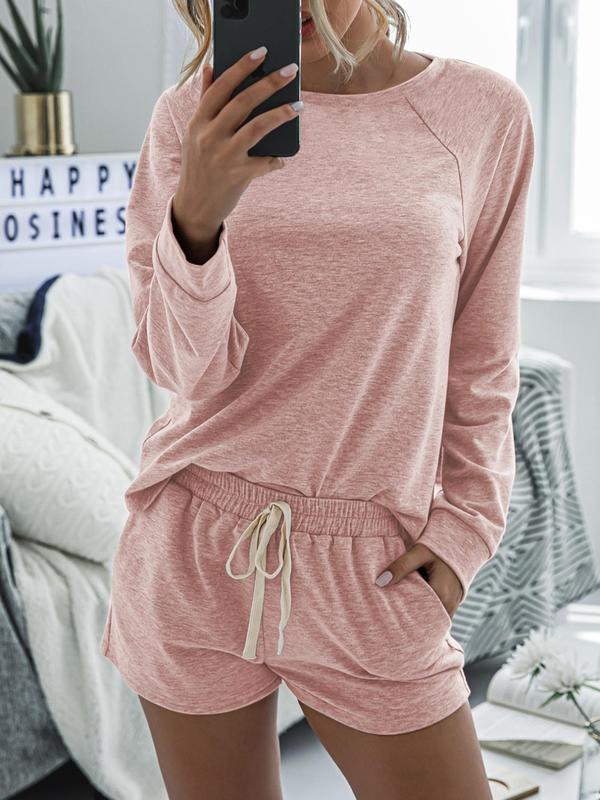 Women's Solid Raglan Sleeve Tee & Drawstring Waist Shorts Loungewear Two-piece Set, Casual Comfy Round Neck Top & Pocket Shorts PJ Set, Ladies Sleepwear for Spring & Fall