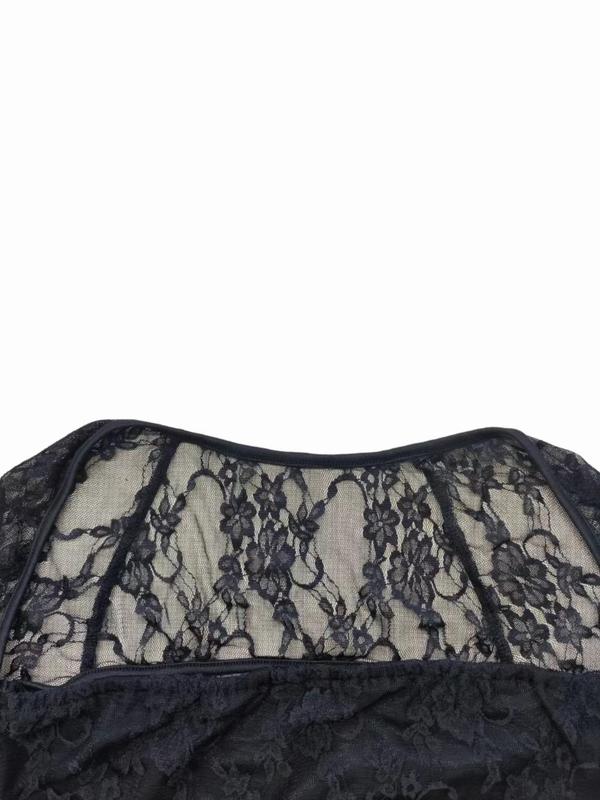 Women's Floral Lace Cut Out Back Sheer Crop Top, Sexy Long Sleeve Square Neck Top for Spring & Fall, Cropped Tees, T Shirts for Women, Women's Clothing for Daily Wear, Black Girl Outfits